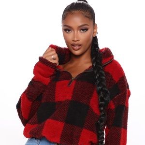 Fashion nova Plaid The Game Sherpa Pullover - Red/combo